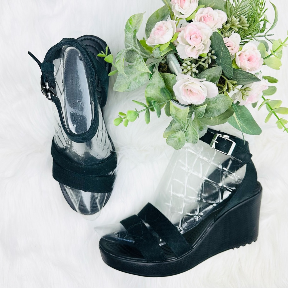 Crocs Leigh Ankle Strap Black Wedge Sandals